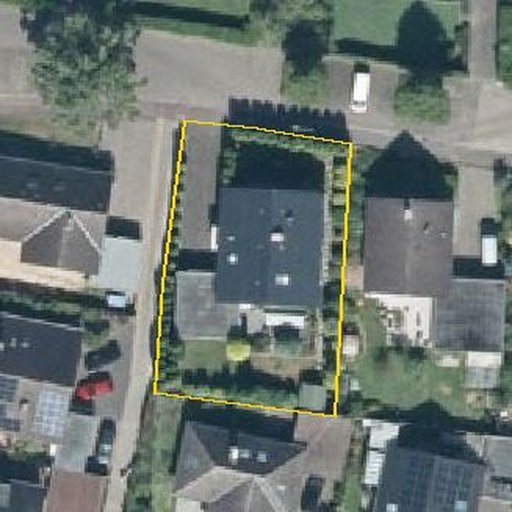 Luftbild Gelber Weg 15, 32130 Enger — Flurstück 05264000300278______ mit Grundstücksgrenze