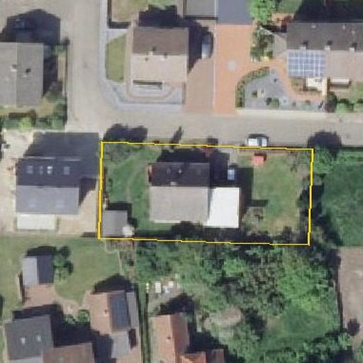Luftbild Amselweg 1, 32369 Rahden — Flurstück 05279500600300______ mit Grundstücksgrenze