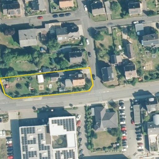 Luftbild Rainstraße 1, 35633 Lahnau — Flurstück 061422021000150003__ mit Grundstücksgrenze