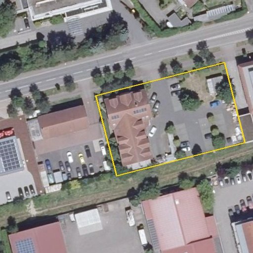 Luftbild Flugplatzstraße 33a, 55126 Mainz — Flurstück 073709018002750001__ mit Grundstücksgrenze