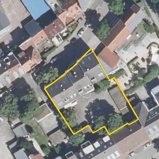 Luftbild Rheintorstraße 2, 76437 Rastatt — Flurstück 256/1 mit Grundstücksgrenze